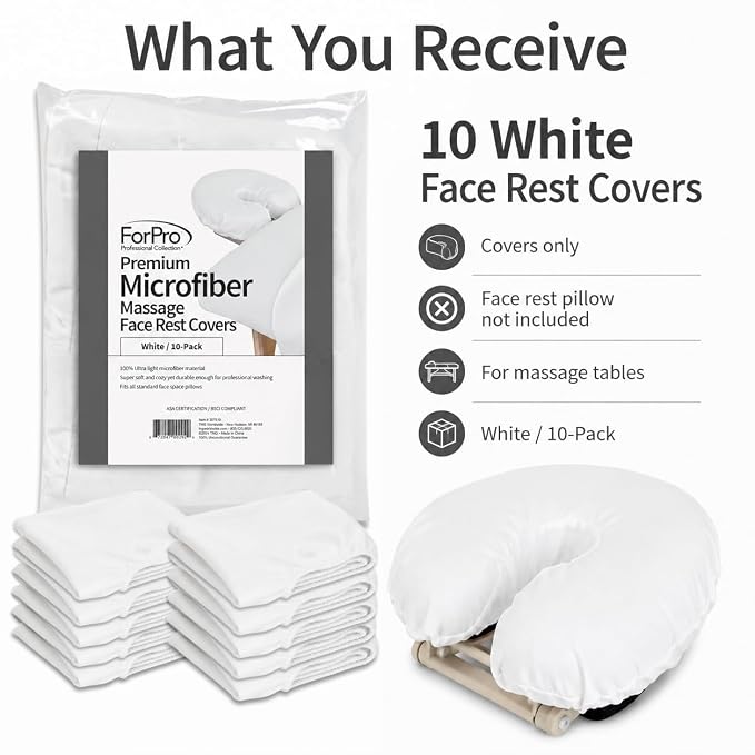 ForPro Premium Microfiber Massage Face Rest Cover, White, Ultra-Light, Stain and Wrinkle-Resistant, for Massage Tables, 10-Count