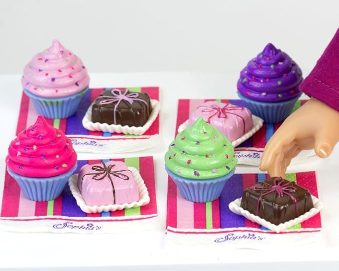 Sophia's Sprinkled Cupcakes, Colorful Petit Four Cakes, Napkins, Polka Dot Tea Pot and Settings for Four 18 Inch Dolls, Pink