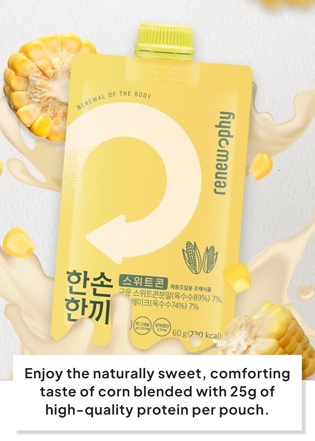 Korean Food Grabmeal Sweet Corn Protein Shake, 25g Protein, 7 Pack Mix | Sweet corn flavored protein drink mix with 25g protein per pouch, made in Korea, just add water