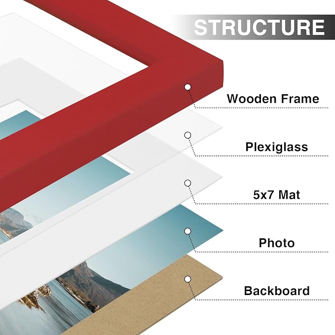 Vittanly 8x10 Picture Frames Set of 9 for Wall or Tabletop Display, Red | Display Pictures 5x7 with Mat or 8x10 without Mat, Small Photo Frames, Engineered Wood with Shatter Resistant Plexiglass