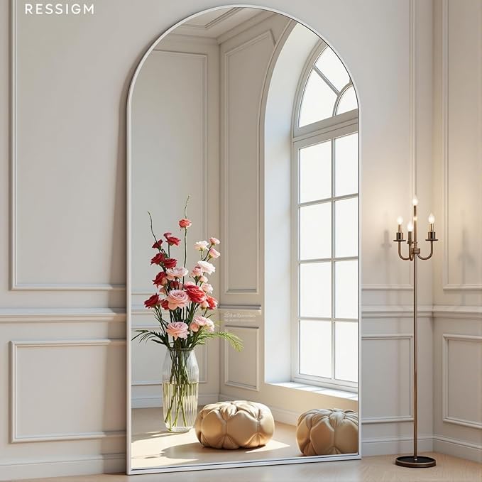 Dewfig Arched Full Length Mirror, 76"x34" Large Floor Mirror, White | Aluminum Alloy Frame Full Body Mirror, HD Shatterproof Tempered Glass, Lean/Stand/Wall for Living Room,Bedroom, Dressing Room