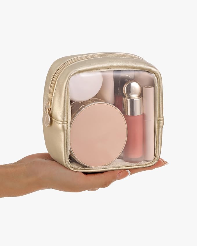 Pocmimut Clear Makeup Bag, Easy to Find Mini Makeup Bag for Purse, Travel Makeup Bag for Car, Compact Cosmetic Pouch for Daily Essentials,Gold