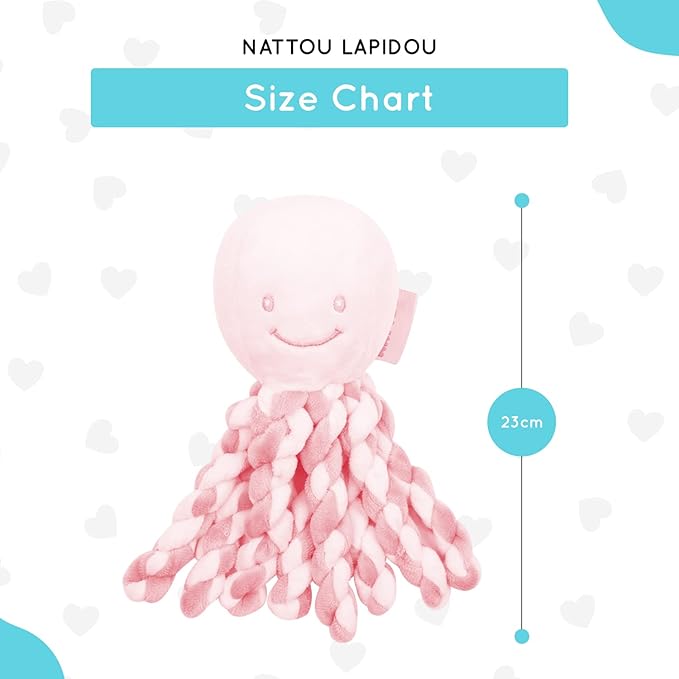 Nattou Plush Octopus Lapidou, Cuddly Stuffed Soft Toy, Machine Washable, 100% Polyester, 25 cm, Light Pink & White