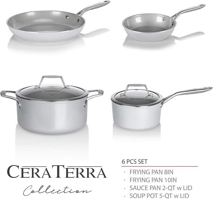 TECHEF - CeraTerra Collection Ceramic Nonstick Cookware Set (PTFE and PFOA Free Ceramic Exterior & Interior), Made in Korea, (6-Piece Set)