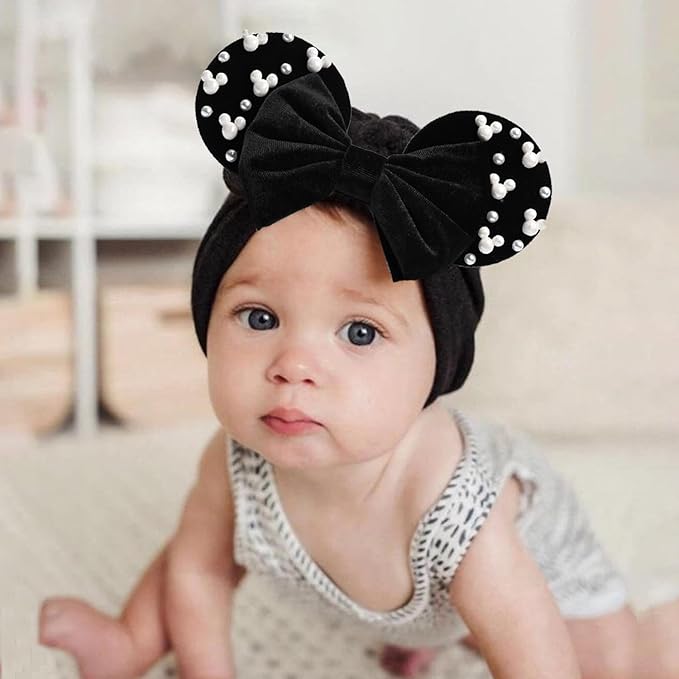 JIAHANG Black Velvet Mouse Ears Turban Headwrap with Beads, Wide Velour Hair Bow Hairband for Unisex Baby, Infants, Toddler, Kids, Newborns