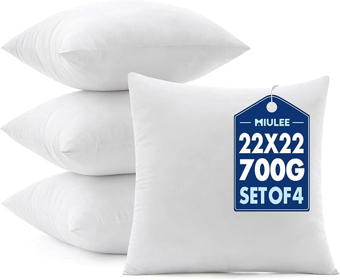 MIULEE 22x22 Pillow Inserts 4 Pack, 100% Virgin Fiber Filling Throw Pillows | Decorative Pillows for Sofa Bed Couch, Firm and Full Pillows, Excellent Support, Soft Brushed Fabric