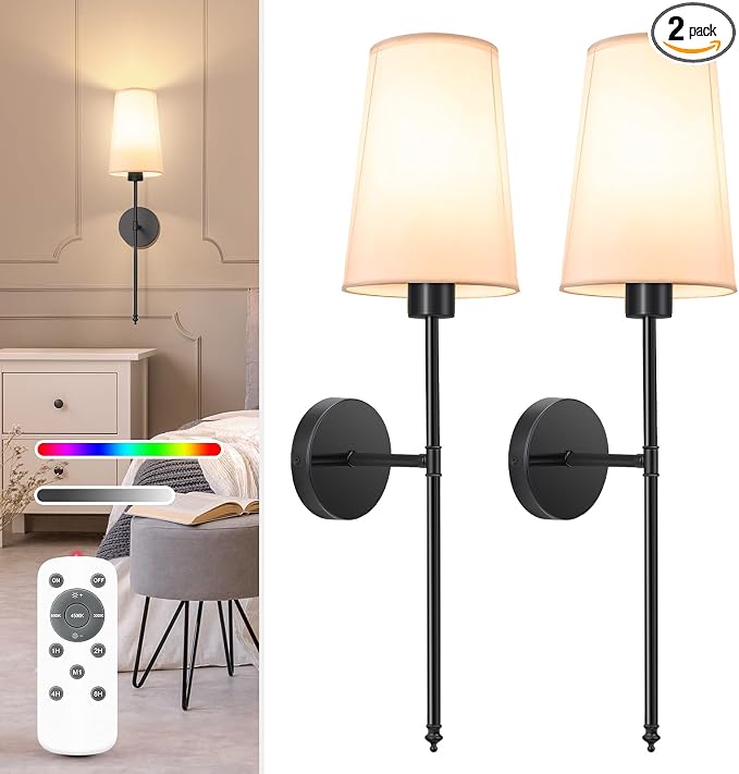 Black Battery Operated Wall Sconce Set of 2,Rechargeable Wall Lights with 10400mAh Dimmable Detachable Bulbs and Remote,9 Colors Wireless Sconces for Bedroom Living Room Hallway