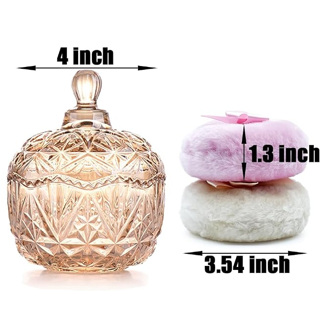Luxury 4 Inch Glass Loose Powder Container with 2 Soft 3.5" Puffs｜Non-Sealed Refillable Organizer Storage for Body Powder Makeup & Jewelry & Setting Applicator(Crown-Amber)