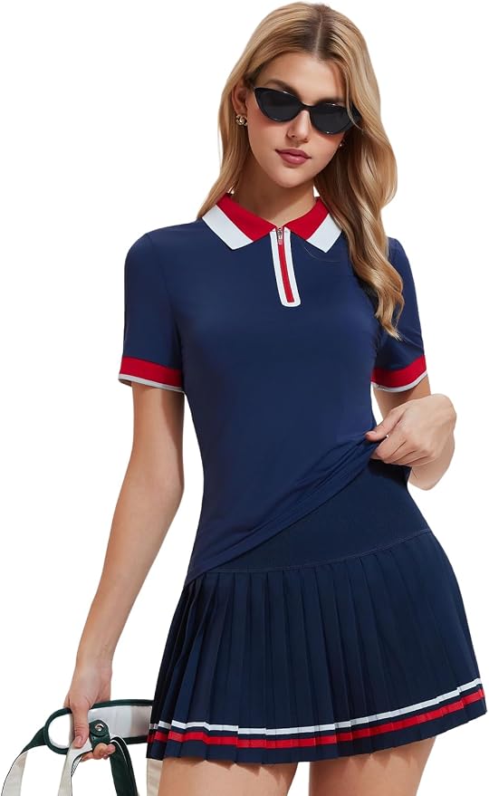 Women's 2-Piece Tennis Skirt Set, Polo V-Neck Top & High-Waisted Pleated Skirt, Athletic Outfit for Golf Pickleball