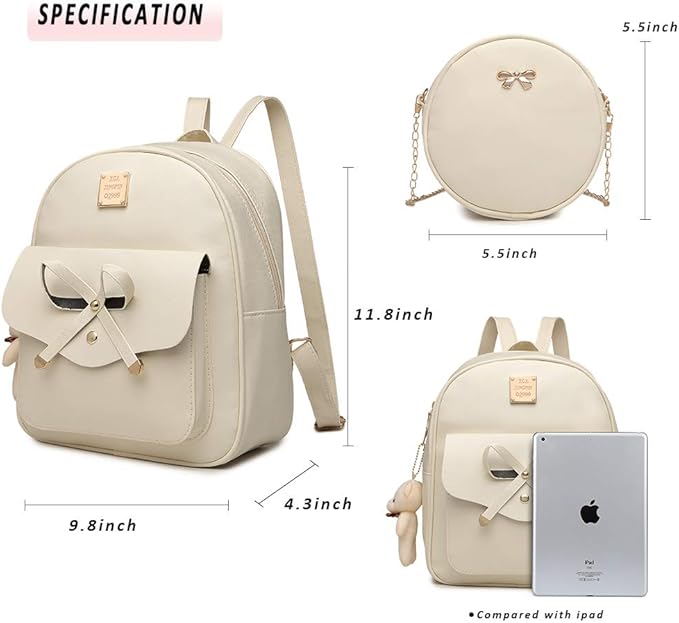 MACCINELO Cute Leather Mini Backpack Purse for Women Bowknot Small Backpack for Girls gift Rucksack Ladies Shoulder Bag 3pcs