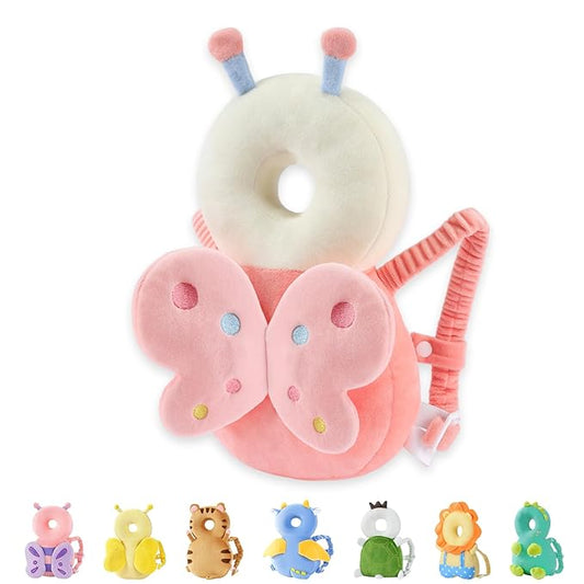JunNeng Baby Head Protector Backpack, Toddler Walking Fall Head Protection, Pink Dots Butterfly