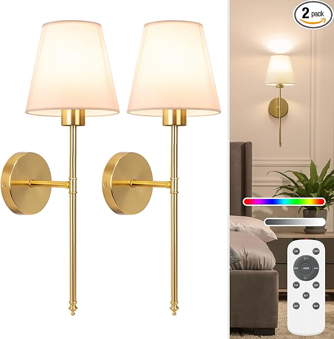 19.9 inch Battery Operated Wall Sconce Set of 2,Gold Rechargeable Wall Lights with 10400mAh Dimmable Detachable Bulbs and Remote,10 Colors Wireless Sconces for Bedroom Living Room Hallway
