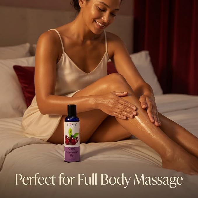 Lick Cherry Flavored Massage Oil – Bold Fruit Edible Massage Oil with Vitamin E, Rich Smooth Body-Safe Glide for Romantic Couples Massage Experiences, 4 oz