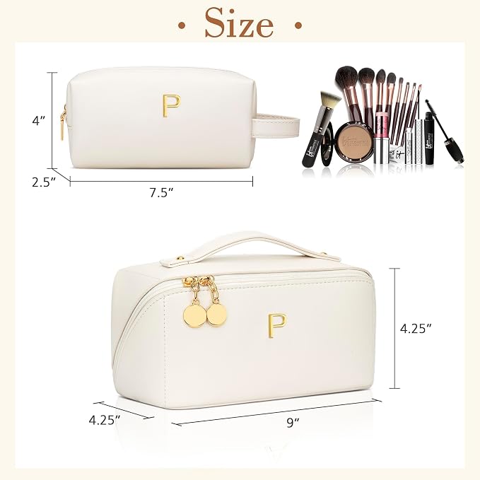 KKXIU Initial Makeup Bag for Women - Personalized Makeup Bag Gifts for Women, Travel Toiletry Bag with PU Leather, Open Flat Design with Top Handle, Cosmetic Bag Set with Multi-Pocket (Beige,P)