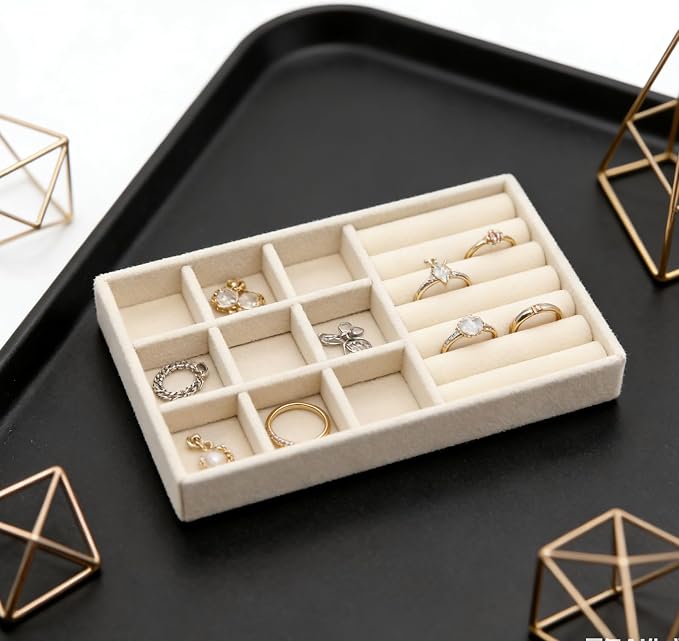 Velvet Jewelry Organizer Trays Beige 9 Grids and Rolls | Stackable Jewelry Storage Display Tray with Removable Dividers for Drawer Dresser Cloest Organizer