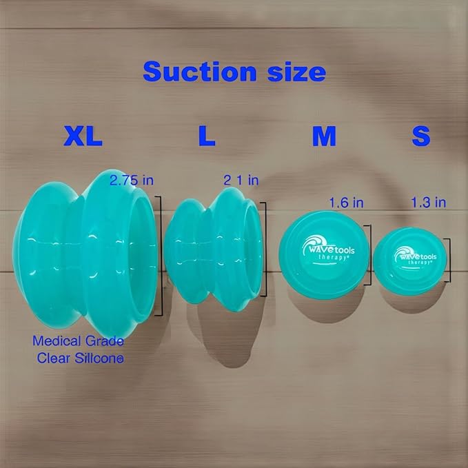 Easy Glide professional Silicone Sport Cupping set with 4 translucent teal silicone cups in cotton bag with 1/3 oz natural Balm. For massage, myofascial release, athletic recovery, cellulite and scars