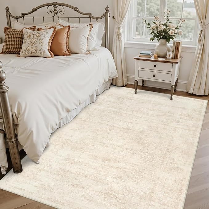3x5 Area Rugs for Living Room: Vintage Boho Neutral Washable Rug Indoor Soft Large Area Rug Carpet for Bedroom Nursery Farmhouse Dining Room Office Floor Non-Slip Low Pile Under Table Rug Retro Beige