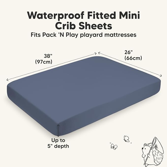 2-Pack Waterproof Pack and Play Sheets, Mini Crib Sheets Fitted for Boy, Girl - 38 x 26 Viscose from Bamboo Pack N Play Mattress Sheets for Graco, Toddler Playard Baby Crib Sheets Neutral(Maritime)