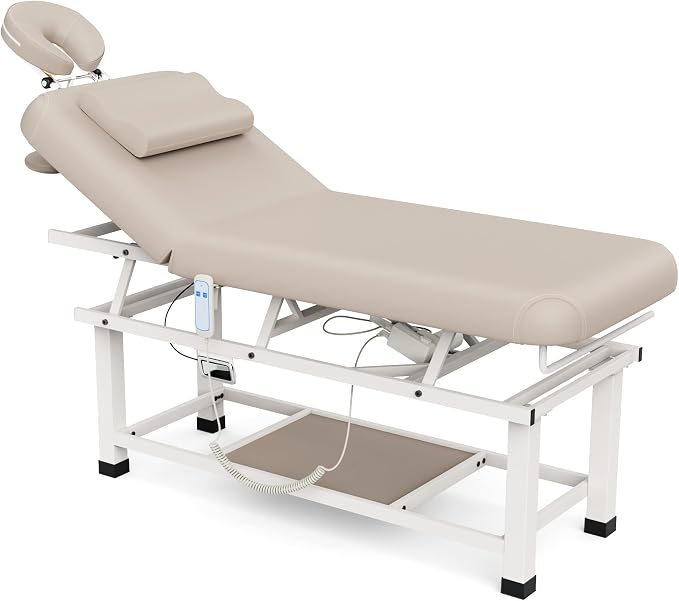 Olela Wide Electric Massage Table - Stationary Massage Table with Electric Lift and Manual Adjustable Backrest, Lash Bed with Storage, PU Leather, Metal Frame for Beauty, Massage, Tattoo