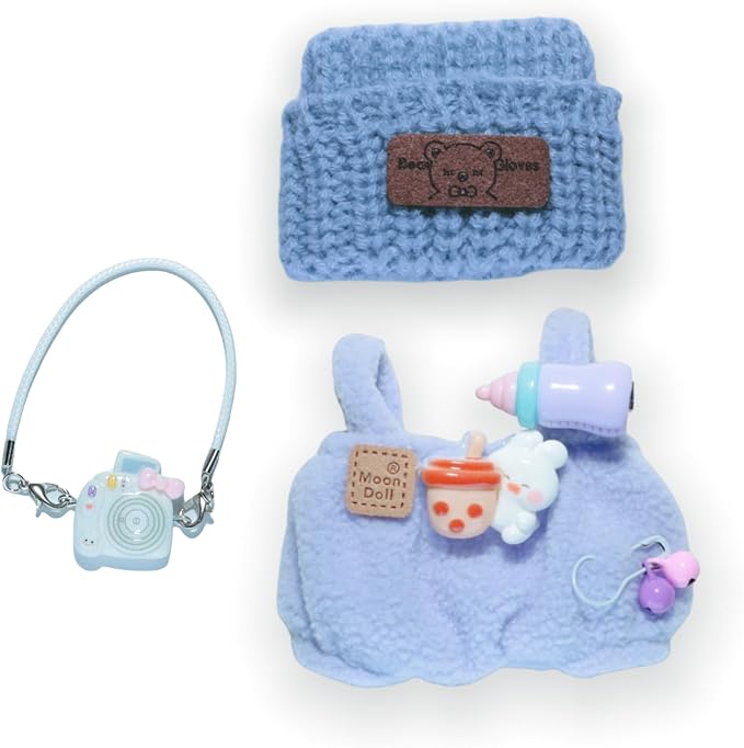 17cm Doll Clothes Set (Doll Not Included) -3-Piece-Handmade Crochet Outfit, Chic Fashion with Stylish Accessories for Mini Dolls -Hat + Overalls + Camera Ornament [Light Blue]