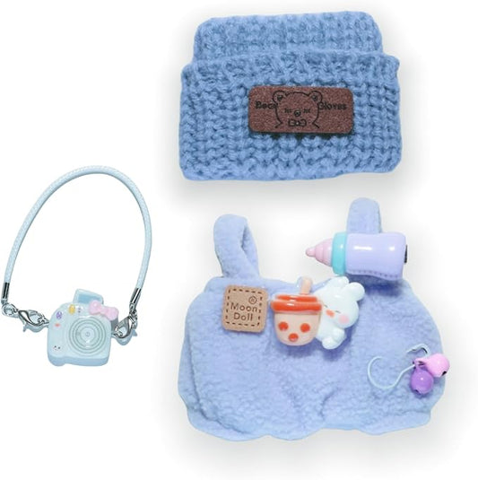 17cm Doll Clothes Set (Doll Not Included) -3-Piece-Handmade Crochet Outfit, Chic Fashion with Stylish Accessories for Mini Dolls -Hat + Overalls + Camera Ornament [Light Blue]