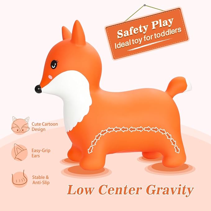 INPANY Fox Bouncy Horse Hopper Toys, Toddlers Bounce Zoo Animal Toys, Inflatable Hopping Horse Buddies, Ride on Rubber Bouncer, Outdoor Indoor Baby Birthday Gifts Toy for 2 3 4 Year Old Girls Boys