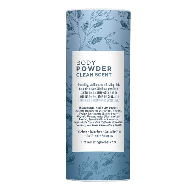 Ora's Amazing Herbal Natural Body Powder and Oil Set, Dusting Powder, Body Oil, No Talc, Corn, Grain, Gluten, Clean Scent 2.5 oz with Travel Size Clean Scent Oil 2 oz