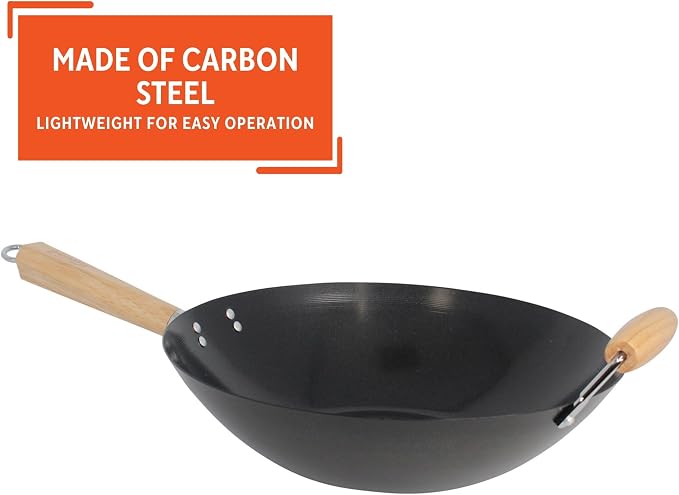 IMUSA 14 Inch Carbon Steel Nonstick Wok with Wood Handles, Black | Heats Quickly, Great for Healthy Family Meals