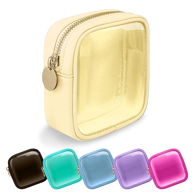 UIXIZQ Clear Mini Makeup Bag for Purse, Small Nylon&PVC Cosmetic Bag TSA Approved Toiletry Bag with Zipper, Transparent Travel Bag Coin Purse for Women Men Girls(Beige)