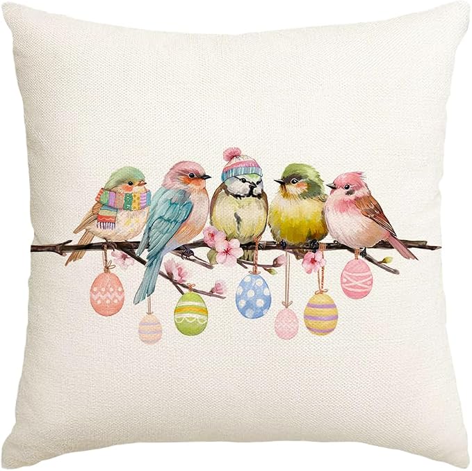 RABUSOFA Easter Pillow Covers 18x18 inch Easter Decorations Pink Birds Colorful Eggs Throw Pillows for Bedroom Sofa Holiday Festivals Home Decor