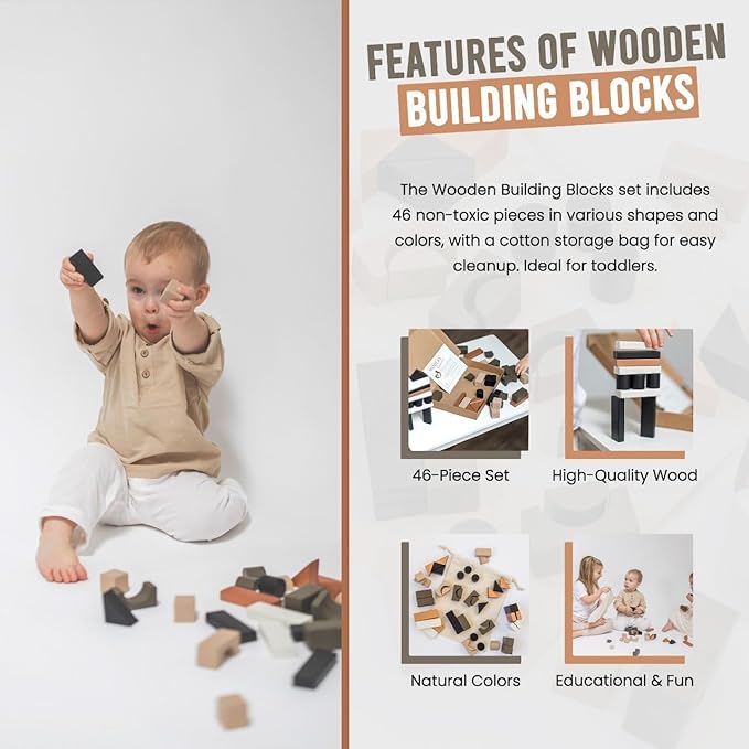 Educational Stacking Blocks for Toddlers 1–3 – 46-Piece Wooden Building Block Set | Montessori-Inspired Learning Toy with Storage Bag | Safe, Non-Toxic, Earth-Tone Colors