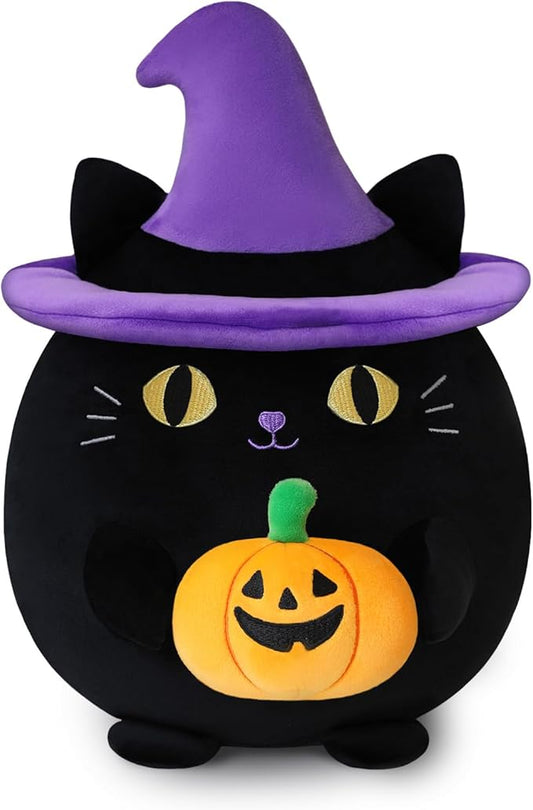 Halloween Pumpkin Cat Plush Toy, Black Cat with Pumpkin and Witch Hat for Home Decor, Halloween Party Gifts for Kid (Pumpkin Cat, 10 Inch)