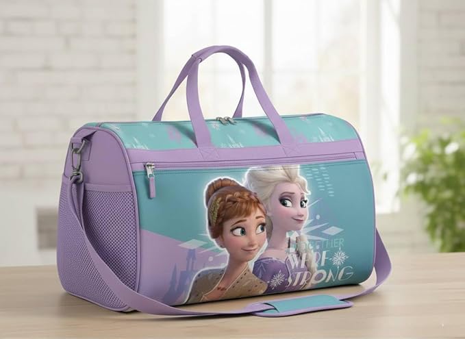 Disney Frozen Girls’ Duffle Bag – Elsa & Anna Travel Gym Bag with Adjustable Strap, Mesh Side Pockets & Zipper Pocket