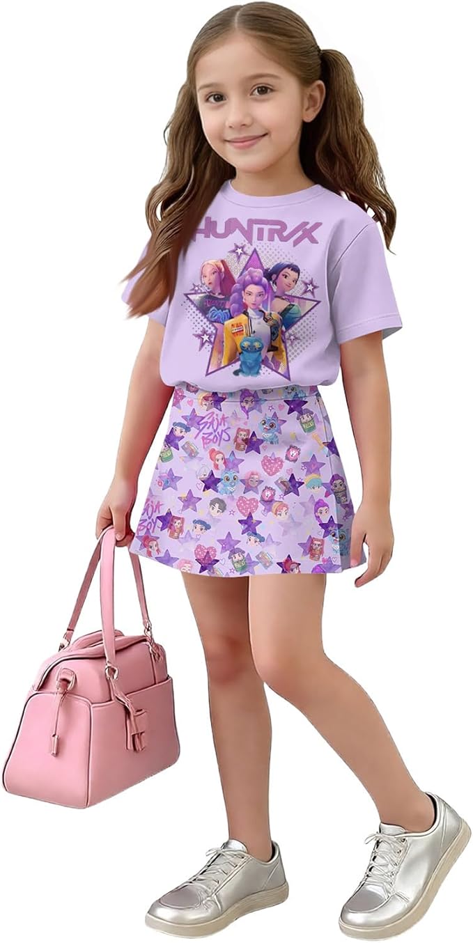 HTHLVMD K Pop Short Sleeve T-Shirt and Skirts Outfits Set for Girls Hunters Rumi Mira Zoey Graphic Tees De-Mon Costume