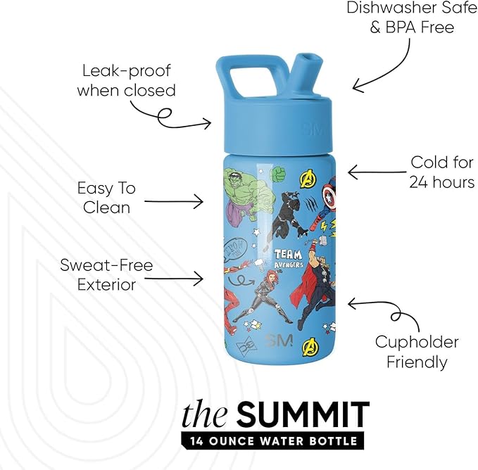 Simple Modern Kids Summit Water Bottle with Straw Lid | Marvel Avengers 14oz Stainless Steel Cup Insulated Tumbler for Boys, School | Avengers Heroes