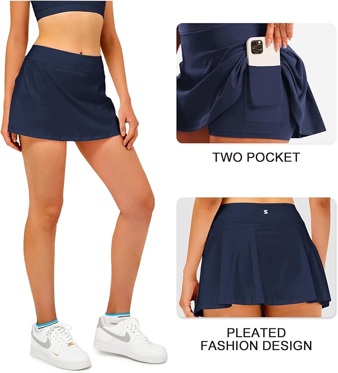 Stelle Women Tennis Skirt High Waisted Athletic Golf Skorts with Pockets | Tummy Control, Built-In Shorts, Deep Pockets, Pleated, Breathable, Lightweight, Tennis, Golf, Pickleball, Running, Workout