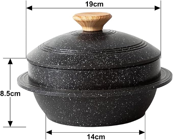 Cast Aluminum Pot with Lid, 63 oz Non-Stick Casserole Dish Korean Stone Bowl Induction Compatible, 1875 ml - Black