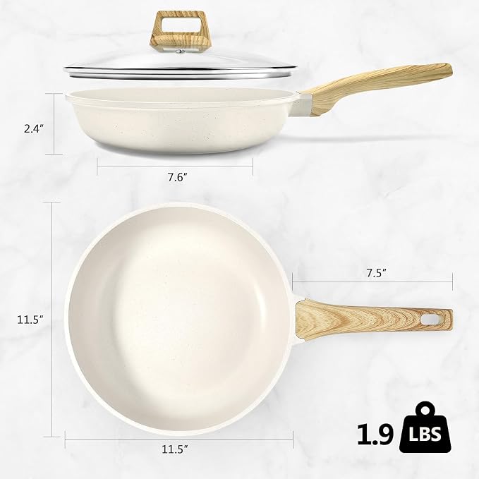 GiPP Nonstick Frying Pan Skillet with Lid - 11" White Granite Non Stick Pans, Omelette Pan with Heat-Resistant Handle, Compatible with All Stovetops, PFOA Free