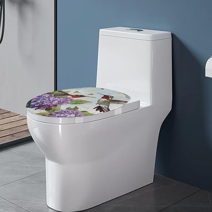 Hummingbird and Hydrangea Toilet Seat Cover, Suitable for Most Round and Elongated Toilet Lid, Soft Flannel and Dustproof Toilet Lid Cover