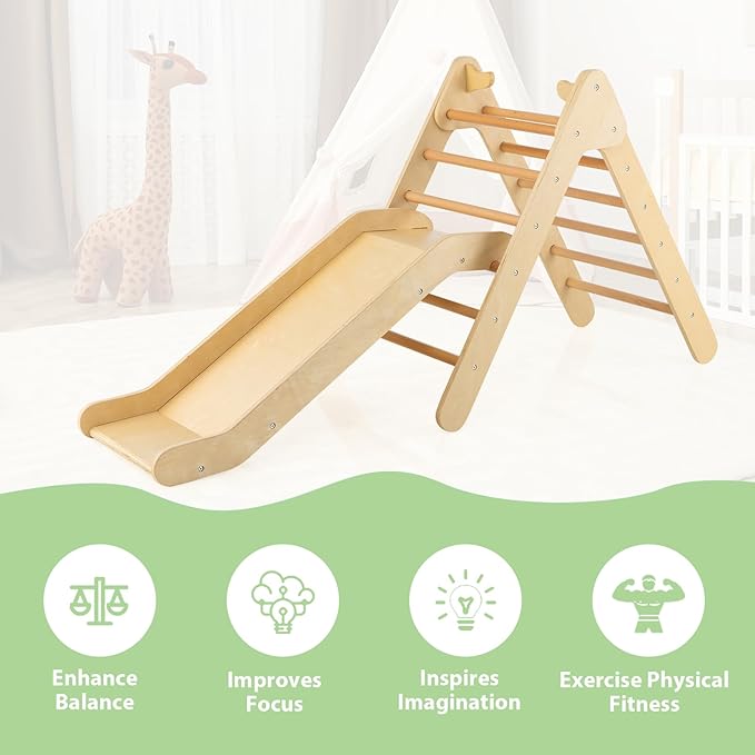 OLAKIDS Pikler Triangle Set 2 in 1 Climbing Toys for Toddlers Foldable Wood Montessori Baby Jungle Gym with Ladder Ramp Slide Kids Indoor Playground Activity Play Structure