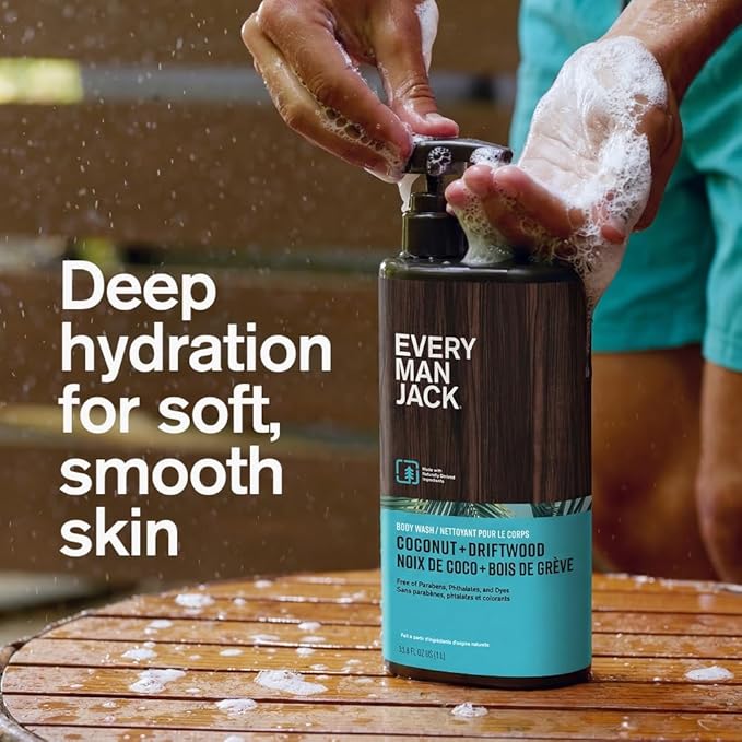 Every Man Jack Coconut + Driftwood Mens Body Wash for All Skin Types - Cleanse, Hydrate, and Smell Great - Free of Parabens, Phtalates, and Dyes - 33.8 fl oz - 2 Pack