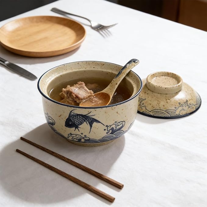 25 Oz Ceramic Ramen Bowl Set with Lid, Spoon & Chopsticks - Japanese Vintage Large Soup Bowl, Asian Tableware for Instant Noodles, Soup & Rice (Fish Pattern)