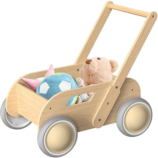 HOMEKOL Wooden Baby Push Walker, Natural Wood Color | Adjustable Height, with Rubber Wheels, for Boys and Girls, Gift for Birthday, Christmas and New Year