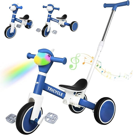Tricycle for Toddlers 1-3 Year Olds, 5 in 1 Toddler Balance Bike 2-4 Years Old Boys Girls, Push Trike Toys with Adjustable Handle, Birthday Gifts for 2 3 4 5 Year Old Kids Bike (Blue)