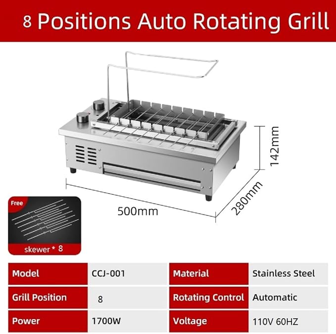 Automatic Rotating Bbq Grill | Smokeless Commercial Korean Barbecue Oven With 8 Skewers | Adjustable Temperature Electric Yakitori Grill For Restaurants