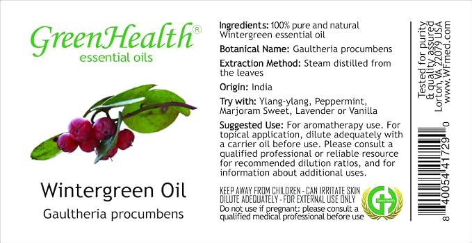 Wintergreen Essential Oil - 1 fl oz (100% Pure & Uncut) - GreenHealth - Amber Glass Bottle w/Child Resistant Cap
