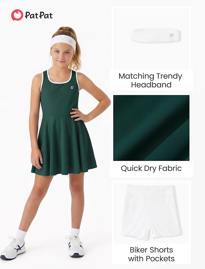 PATPAT Girls Athletic Dress Tennis Summer Outfit with Headband & Shorts | Quick-Dry RapidAir-C Fabric, Lightweight Breathable Golf Dress, Sweat-Wicking 2 Piece sets, Two Hidden Pockets
