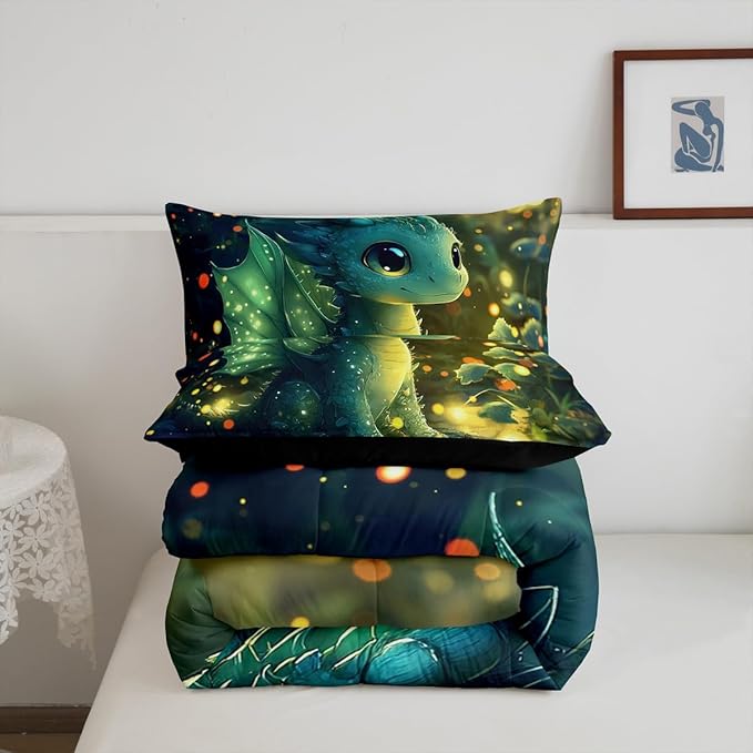 Feelyou Dragon Comforter Set Queen Size Dragon Stuff Comforter for Boys Girls Teens Kawaii Bedding Set Dragon Decor Duvet Set Room Decor Bright Green Quilt Set