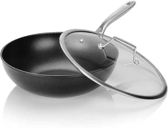 TECHEF - Onyx Collection, 12" Nonstick Flat Bottom Wok/Stir-Fry Pan with Glass Lid, PFOA Free, Dishwasher and Oven Safe, Made in Korea