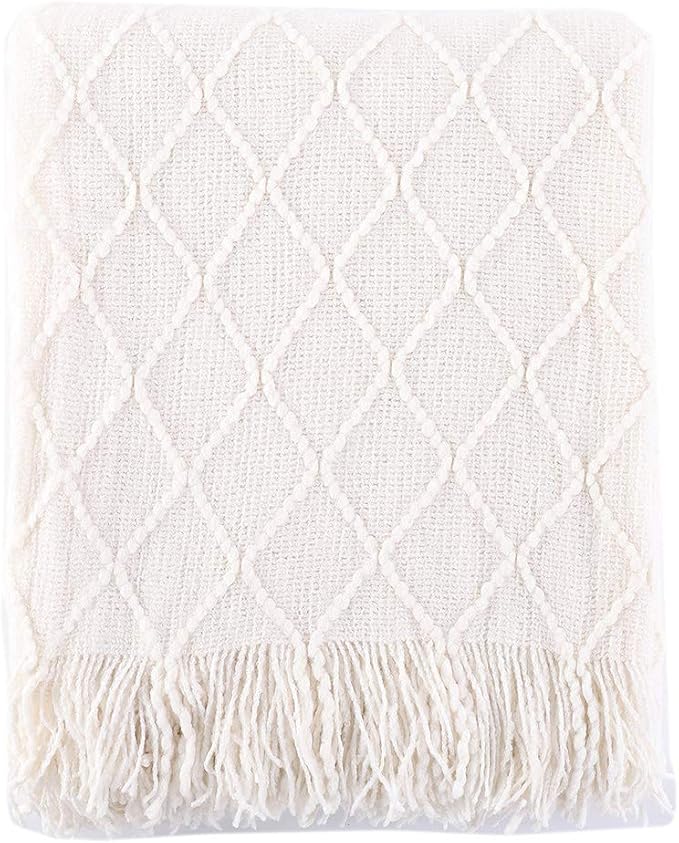 BATTILO HOME Cream Throw Blanket for Couch, Boho Bedroom Decor Throws, Decorative White Throw for Sofa Living Room, 50"x60" | Boho Bedroom Decor Throws, Decorative White Throw for Sofa Living Room